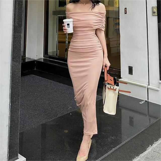 Women's Spring Off Shoulder Pleated Dress Slim Fit Slimming Slit Bottoming Formal Dress