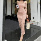 Women's Spring Off Shoulder Pleated Dress Slim Fit Slimming Slit Bottoming Formal Dress