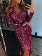 Women Gilding Long Sleeve V Neck Shiny Dress Dinner Dress