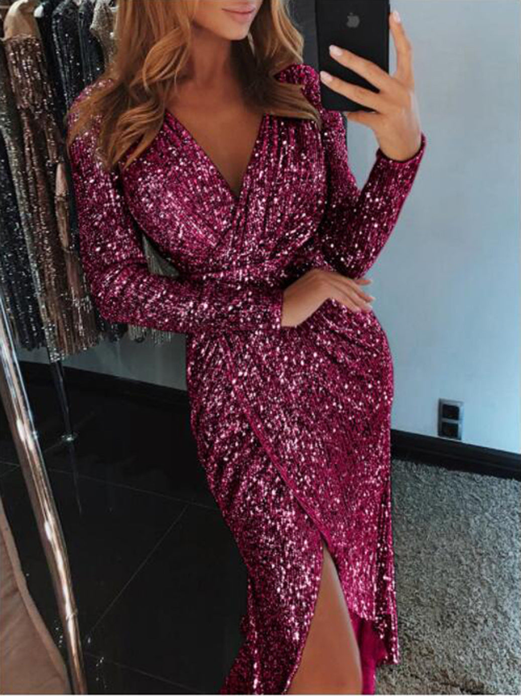 Women Gilding Long Sleeve V Neck Shiny Dress Dinner Dress