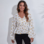 Women’s Floral Print V Neck Chiffon Blouse