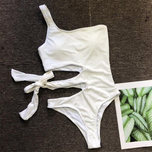 White bandage one-piece swimsuit with side-tie waist detail