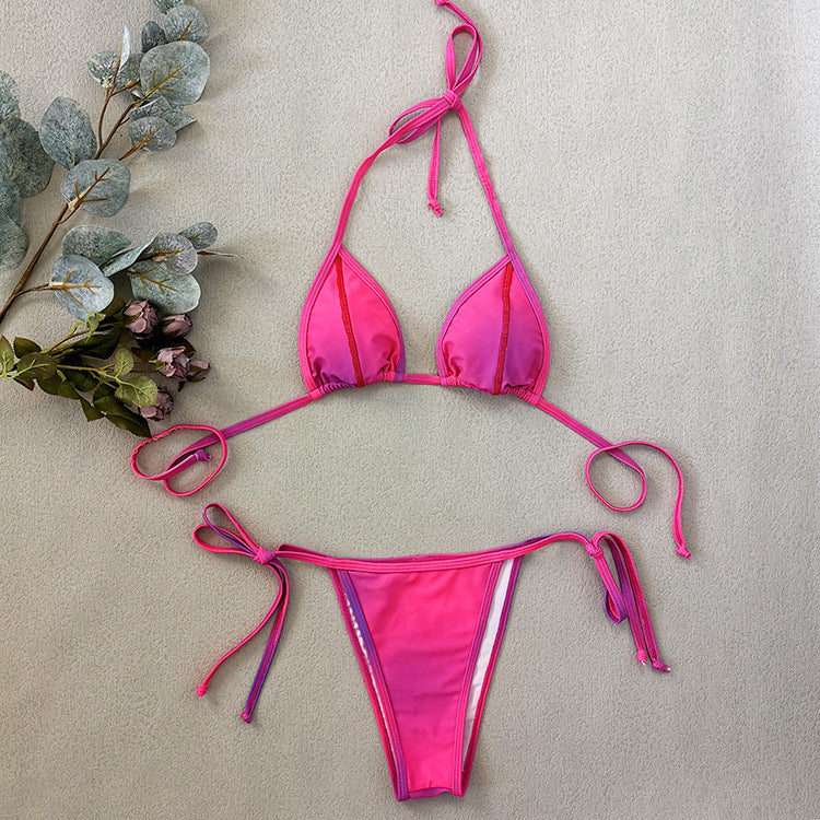 Pink triangle bikini set with halter ties and ruched hip bottoms