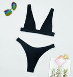 Black double-sided bikini set with V-neck triangle top and high-cut bottoms