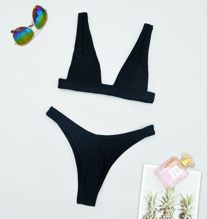 Black double-sided bikini set with V-neck triangle top and high-cut bottoms