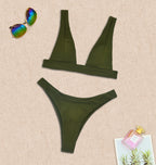 Olive green two-piece push-up bikini with V-neck triangle top and high-cut bottoms