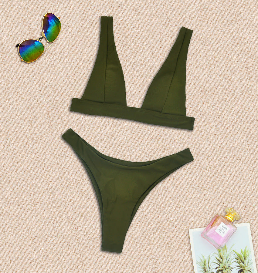 Olive green two-piece push-up bikini with V-neck triangle top and high-cut bottoms