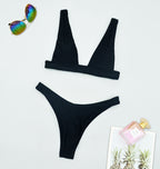 Black two-piece push-up bikini set with V-neck triangle top and high-cut bottoms