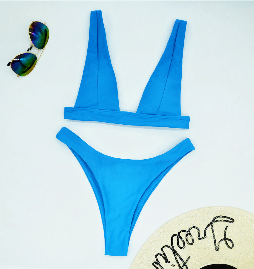 Blue two-piece push-up bikini with triangle bralette top and high-cut bottoms
