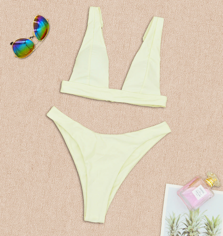 Pale yellow two-piece push-up bikini with V-neck triangle top and high-cut bottoms