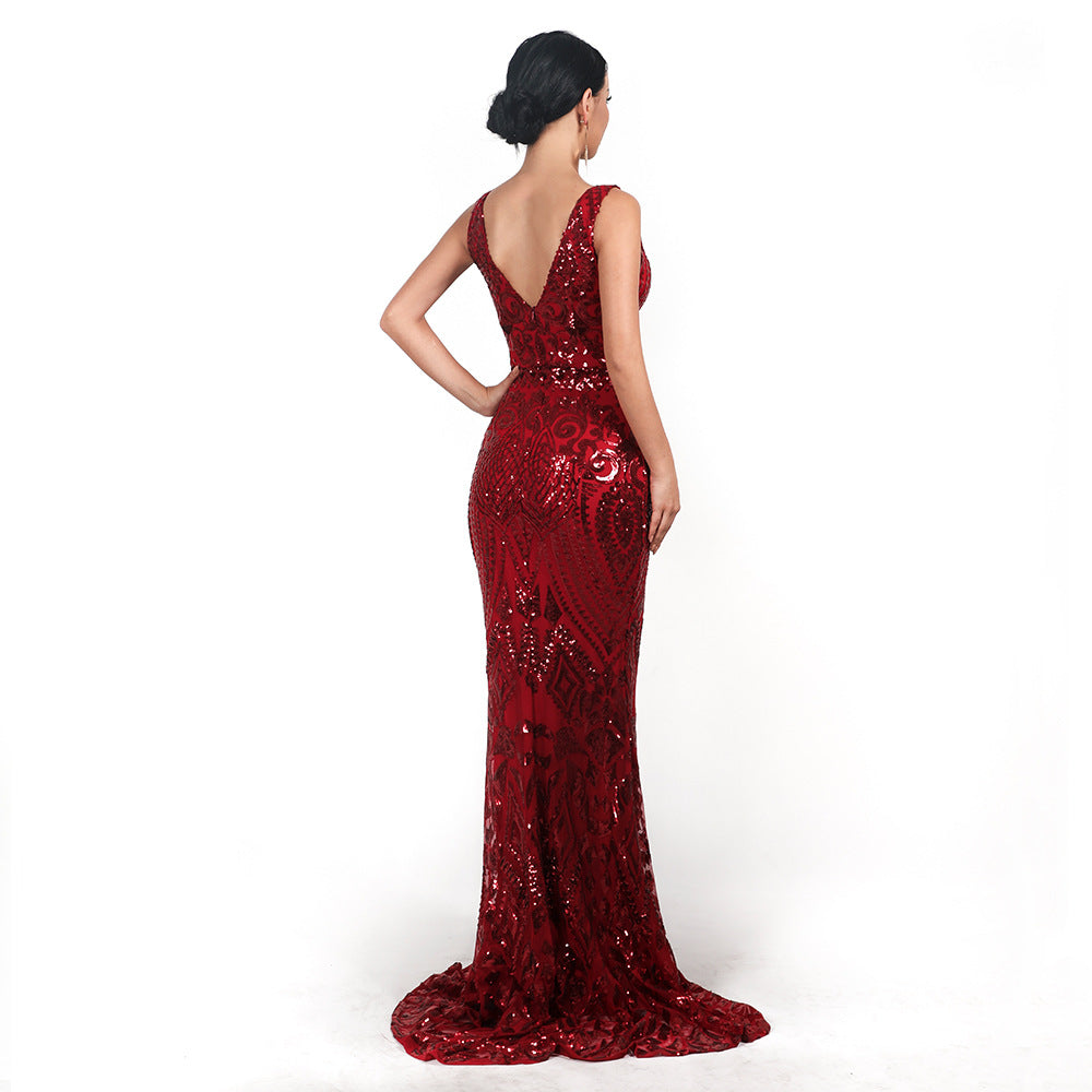 Women's Evening V-Neck Sleeveless Sequined Geometric Abstract Dress