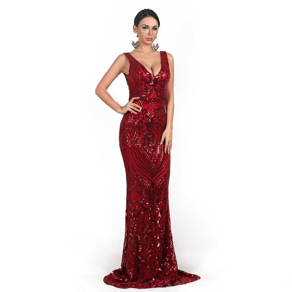 Women's Evening V-Neck Sleeveless Sequined Geometric Abstract Dress