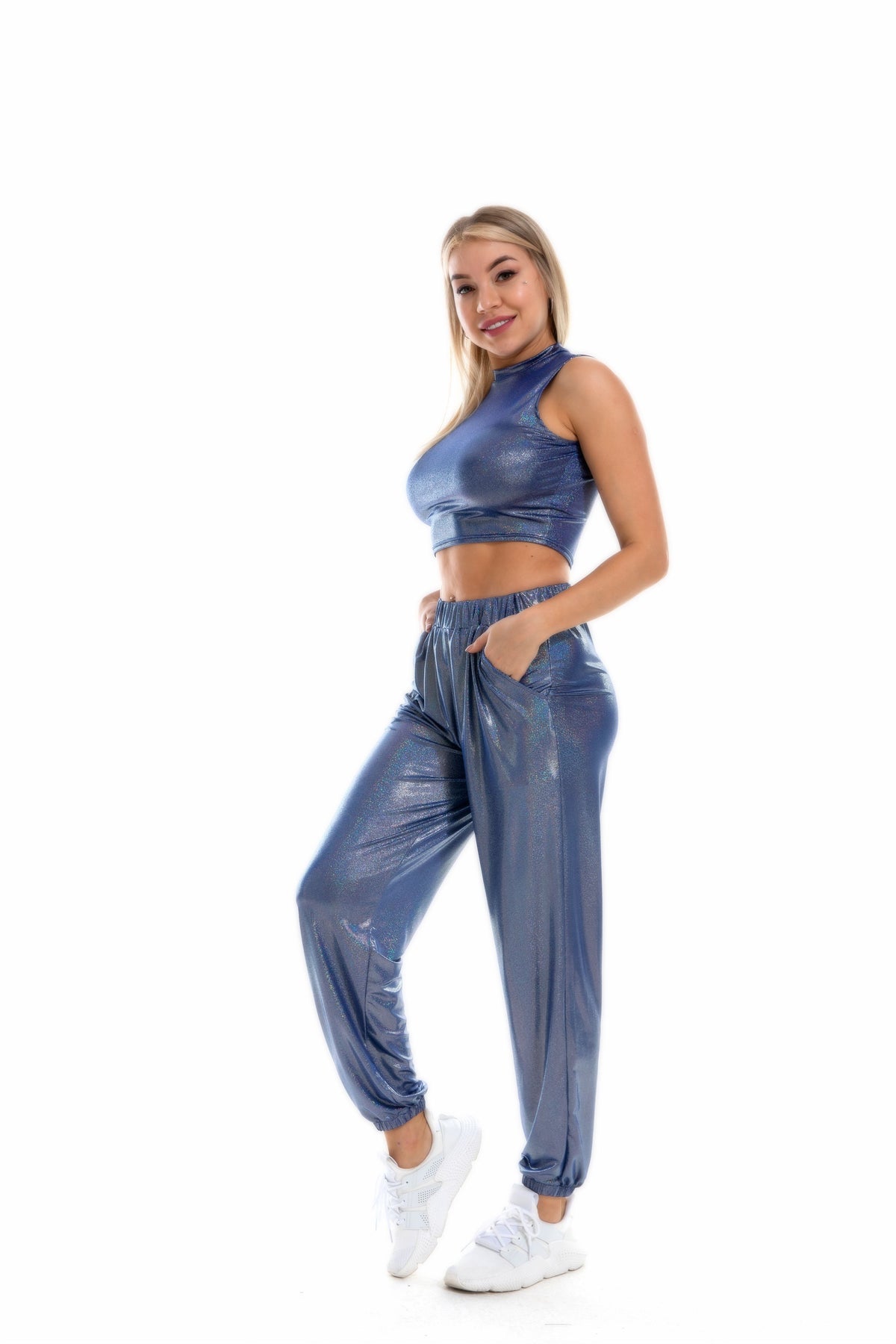 Women's Hip Hop Trousers Women Shiny Breathable Elastic Waist Casual Pants Women