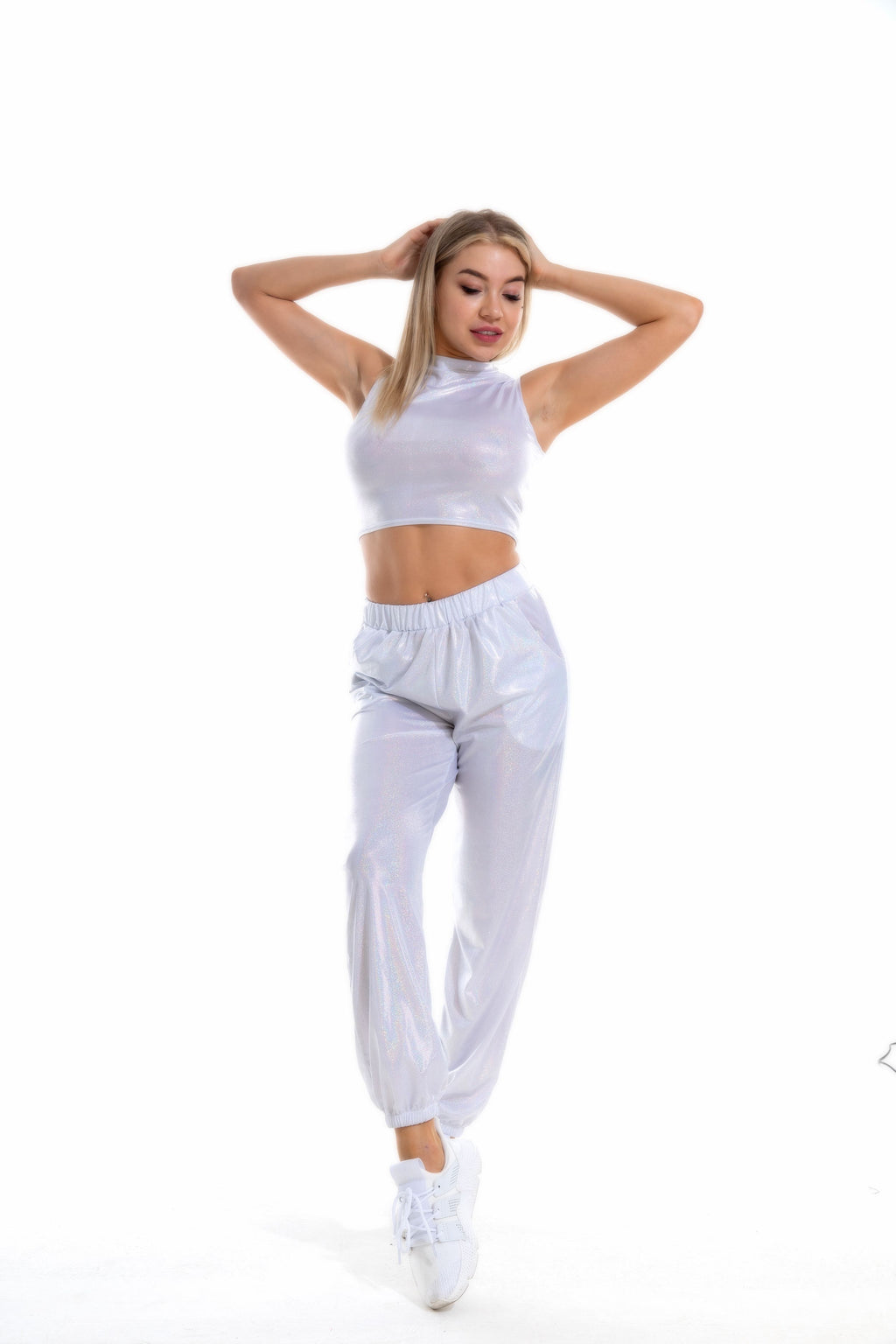 Women's Hip Hop Trousers Women Shiny Breathable Elastic Waist Casual Pants Women