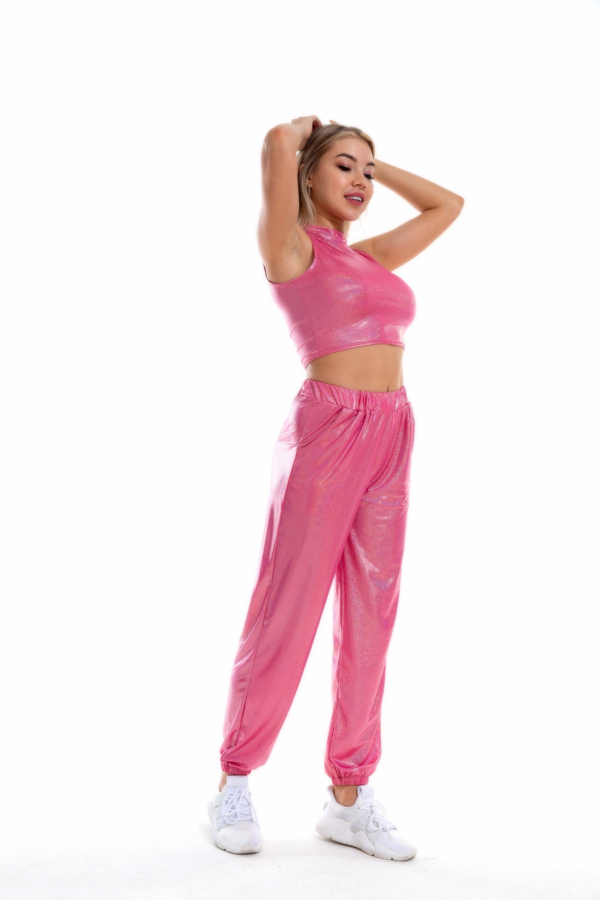 Women's Hip Hop Trousers Women Shiny Breathable Elastic Waist Casual Pants Women