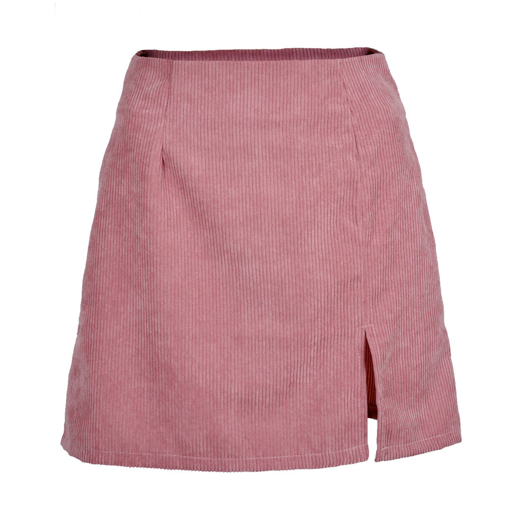 Autumn Winter High Waist Corduroy Solid Color Split Skirt
