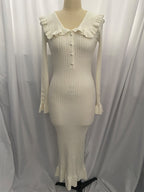 Peter-Pan-Collar Ruffle Button Long-Sleeve Knit Bodycon Maxi Dress