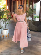 Women's Off Shoulder Short Line Top and Skirt Two-Piece Set