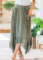Washed Slub Cotton Lace Up Elastic High Waist Skirt
