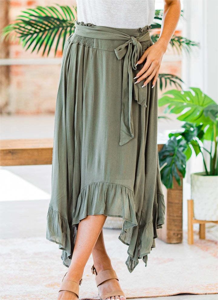 Washed Slub Cotton Lace Up Elastic High Waist Skirt