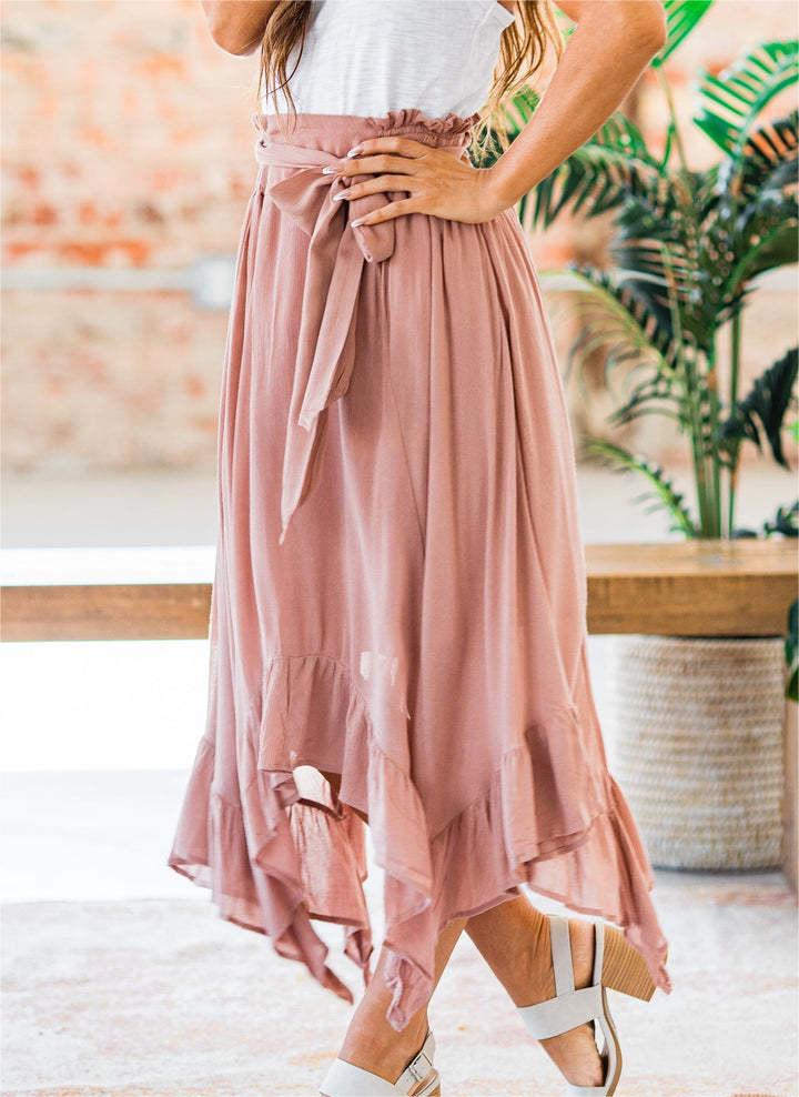 Washed Slub Cotton Lace Up Elastic High Waist Skirt