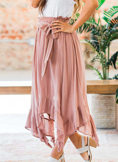 Women's Washed Slub Cotton Lace Up Elastic High Waist Irregular Asymmetric Patchwork Easy Matching Casual Large Swing Skirt
