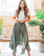 Washed Slub Cotton Lace Up Elastic High Waist Skirt