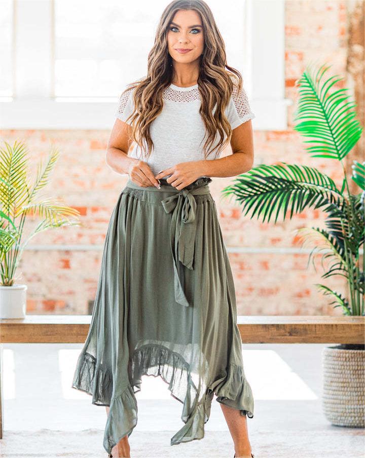 Washed Slub Cotton Lace Up Elastic High Waist Skirt