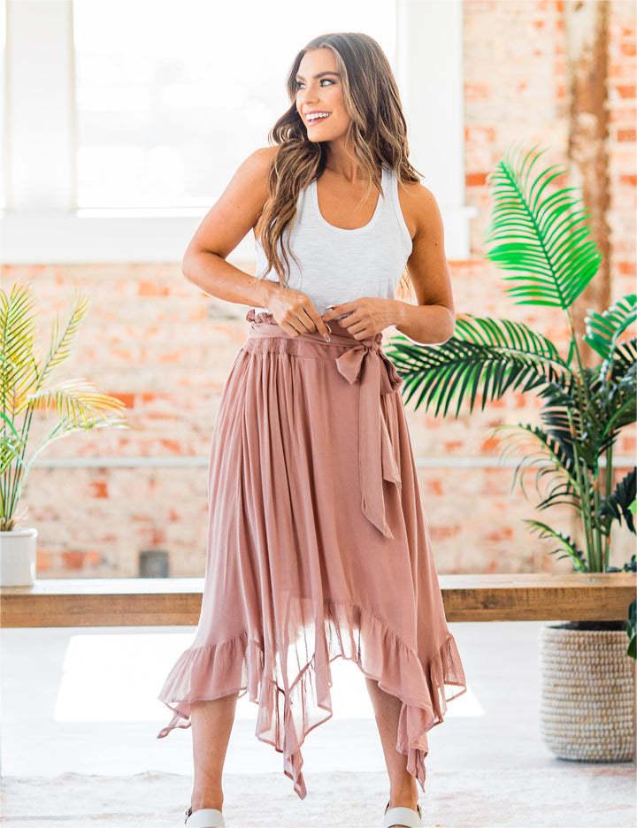 Washed Slub Cotton Lace Up Elastic High Waist Skirt