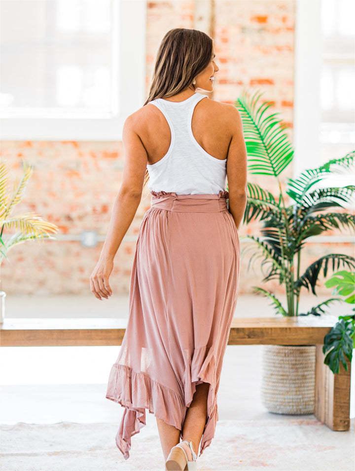 Washed Slub Cotton Lace Up Elastic High Waist Skirt