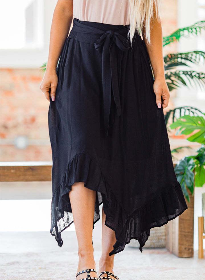 Washed Slub Cotton Lace Up Elastic High Waist Skirt