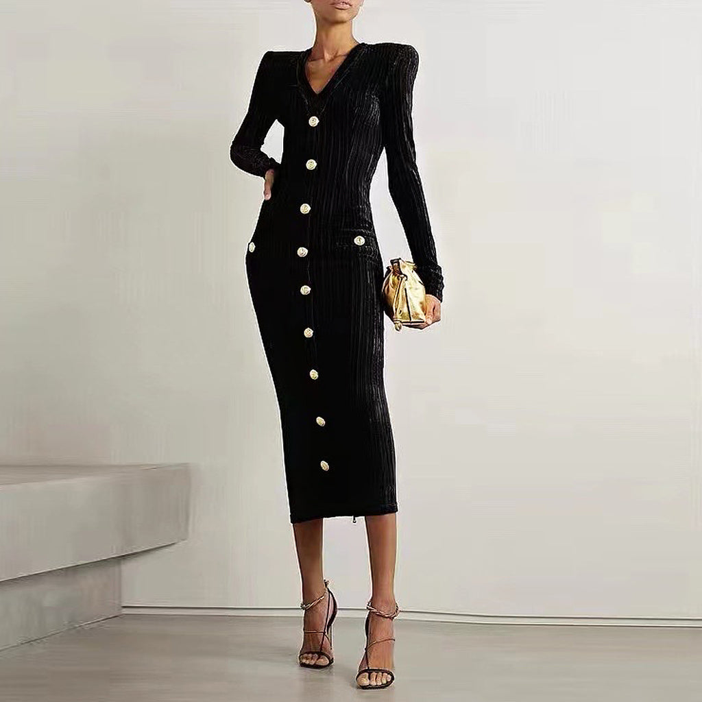 Velvet V-Neck Long-Sleeve Bodycon Midi Dress