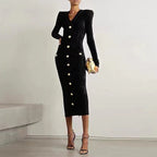 Velvet V-Neck Long-Sleeve Bodycon Midi Dress