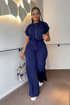 Summer Drawstring Short Top High-Waisted Slit Trousers Two-Piece Set