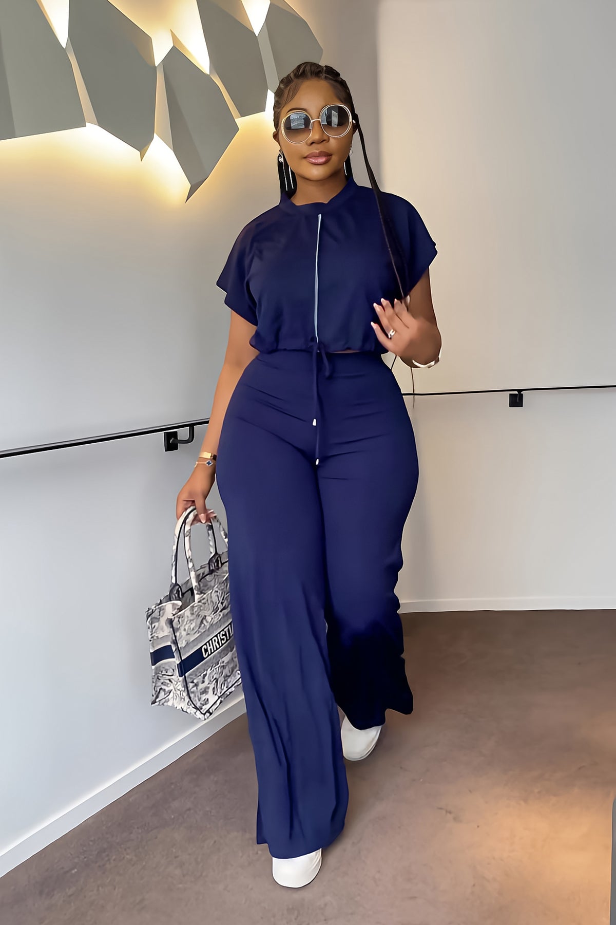 Summer Drawstring Short Top High-Waisted Slit Trousers Two-Piece Set