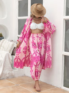 Rose Red Polyester Shawl Holiday Shirt Kimono Pants Suit Set