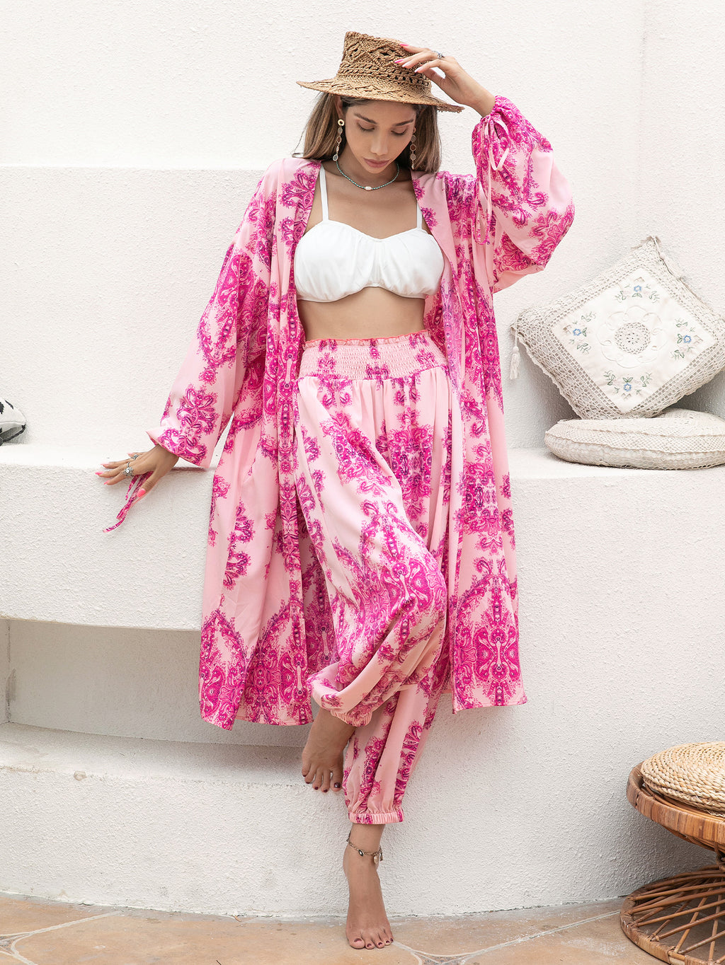 Rose Red Polyester Shawl Holiday Shirt Kimono Pants Suit Set