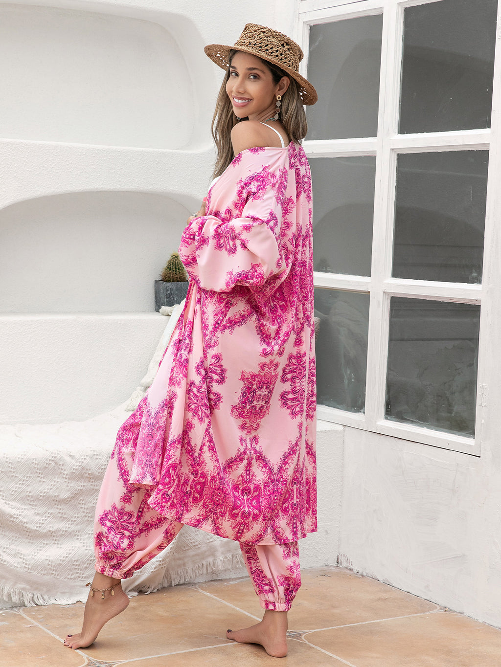 Rose Red Polyester Shawl Holiday Shirt Kimono Pants Suit Set