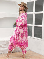Rose Red Polyester Shawl Holiday Shirt Kimono Pants Suit Set