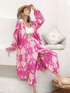 Rose Red Polyester Shawl Holiday Shirt Kimono Pants Suit Set