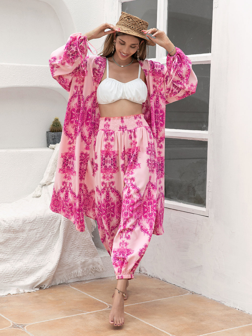 Rose Red Polyester Shawl Holiday Shirt Kimono Pants Suit Set