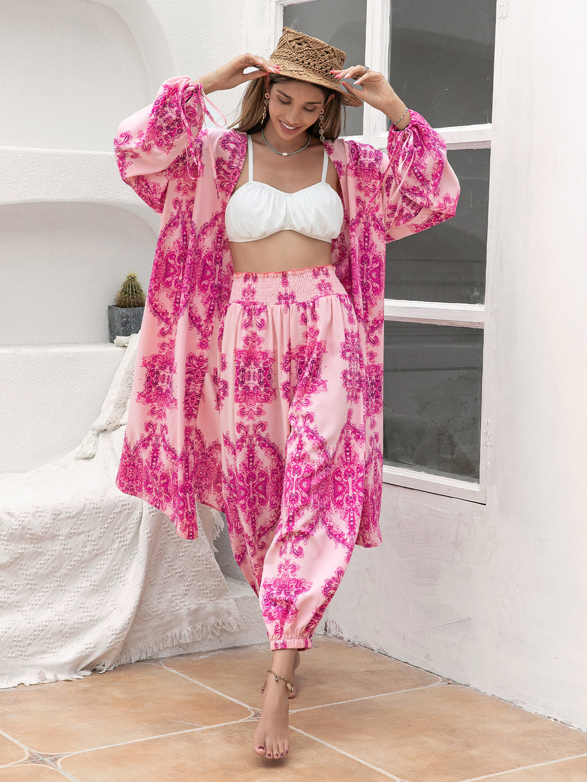 Rose Red Polyester Shawl Holiday Shirt Kimono Pants Suit Set