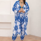 Rose Red Polyester Shawl Holiday Shirt Kimono Pants Suit Set