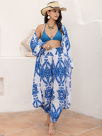 Rose Red Polyester Shawl Holiday Shirt Kimono Pants Suit Set
