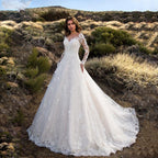 Lace V-Neck Embroidered Long-Sleeve A-Line Maxi Dress