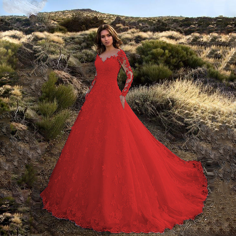 Lace V-Neck Embroidered Long-Sleeve A-Line Maxi Dress