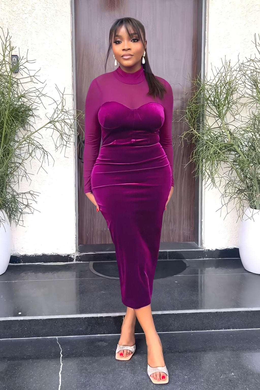 Long-Sleeve Mesh Patchwork Dress