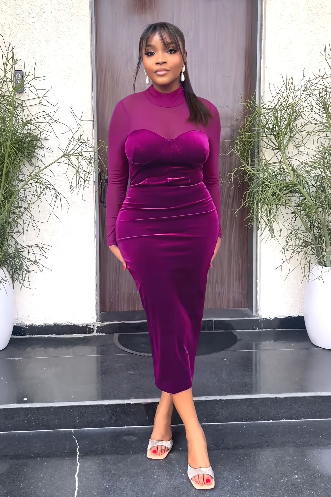 Long-Sleeve Mesh Patchwork Dress