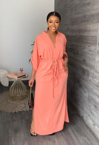 Women's V-Neck Belted Side Slit Office Maxi Dress