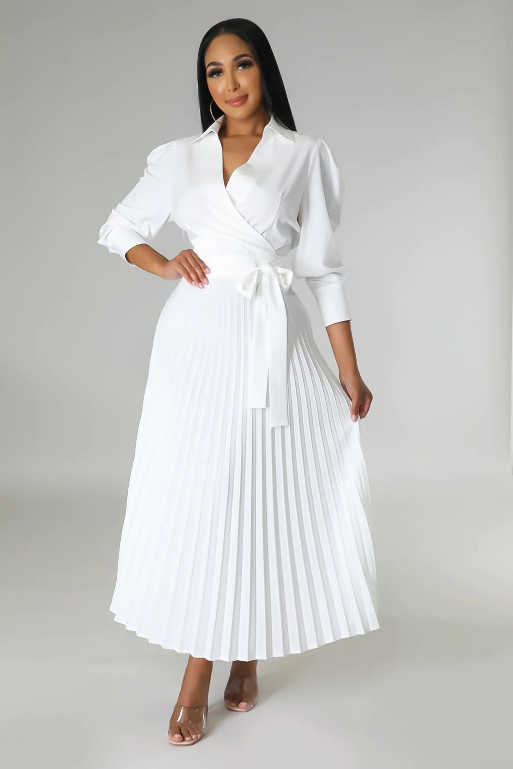 Polo-Collar Long-Sleeve Pleated Dress